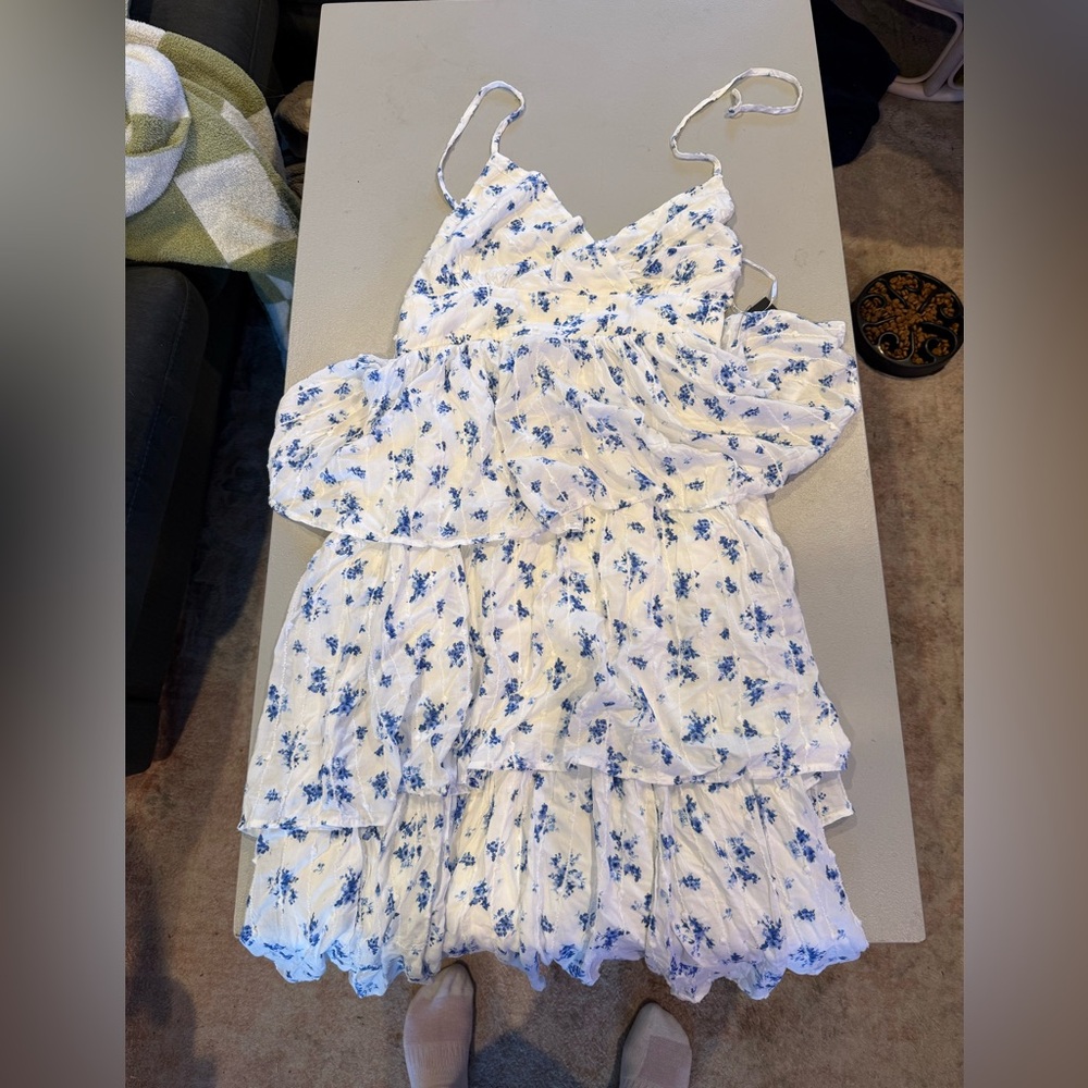 Lulu's White and Blue Ruffled Tiered Maxi Sundress